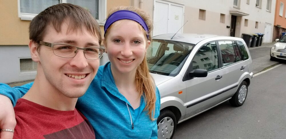 Lucas and I with our new friend, Carla, the European version of the Ford Fusion…a manual edition!