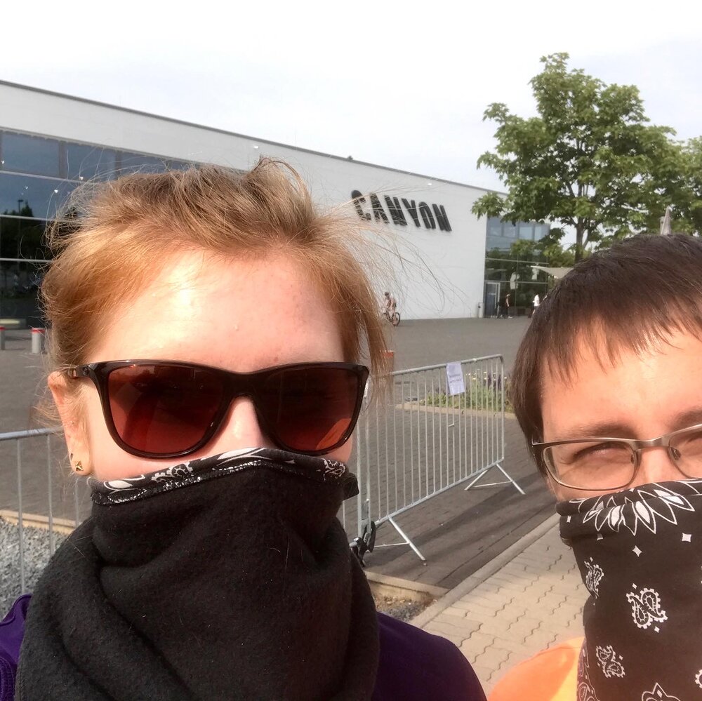 Lucas and I outside the headquarters of Canyon bikes in Koblenz, Germany, taking precautions to the Coronavirus