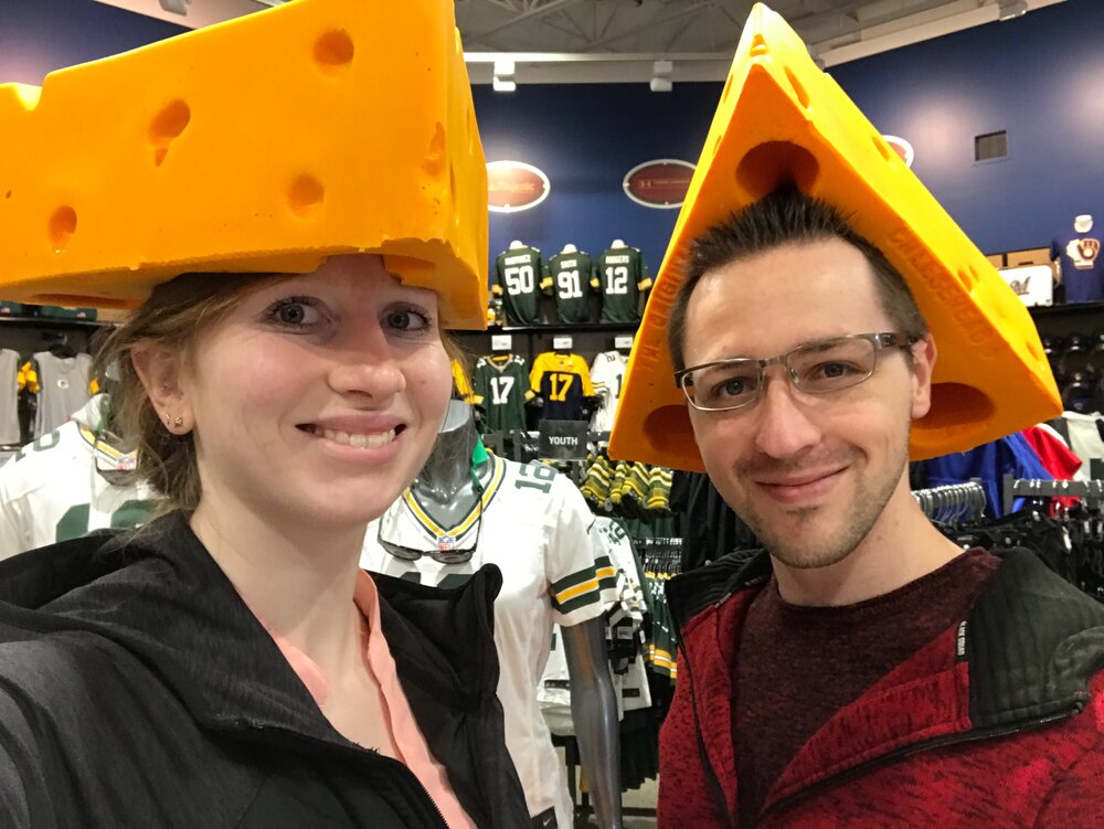 Lucas and I representing our true Wisconsin cheesehead pride!