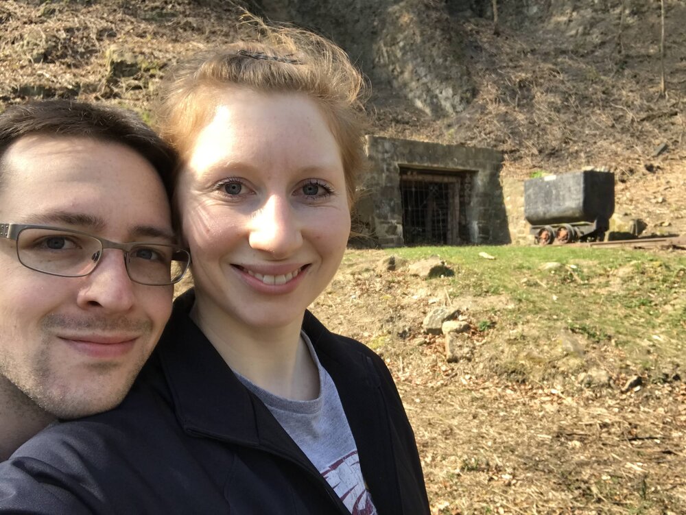 Lucas and I framed by the mine and the cute mining cart in the background