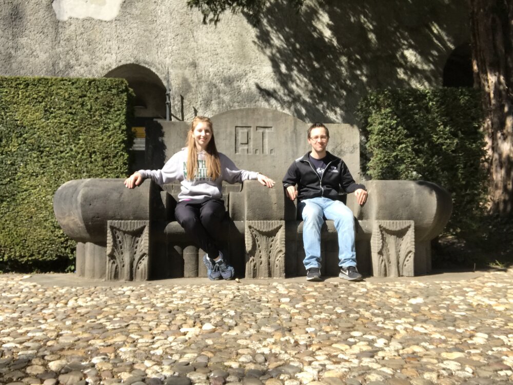 Sitting in our thrones by the fountain at Landsberg castle