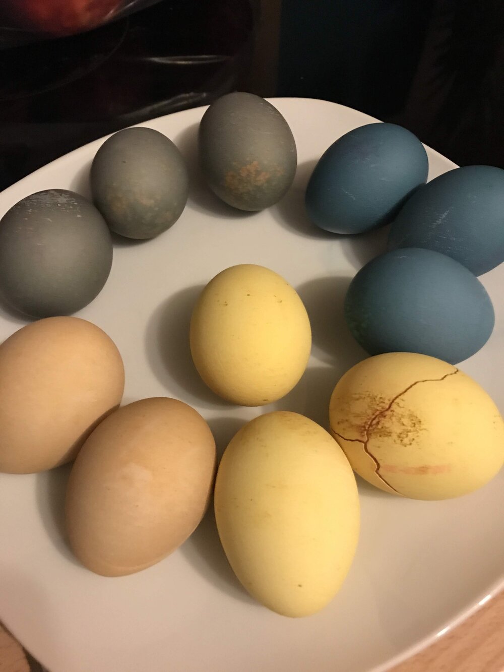 A photo of our naturally dyed Easter eggs.