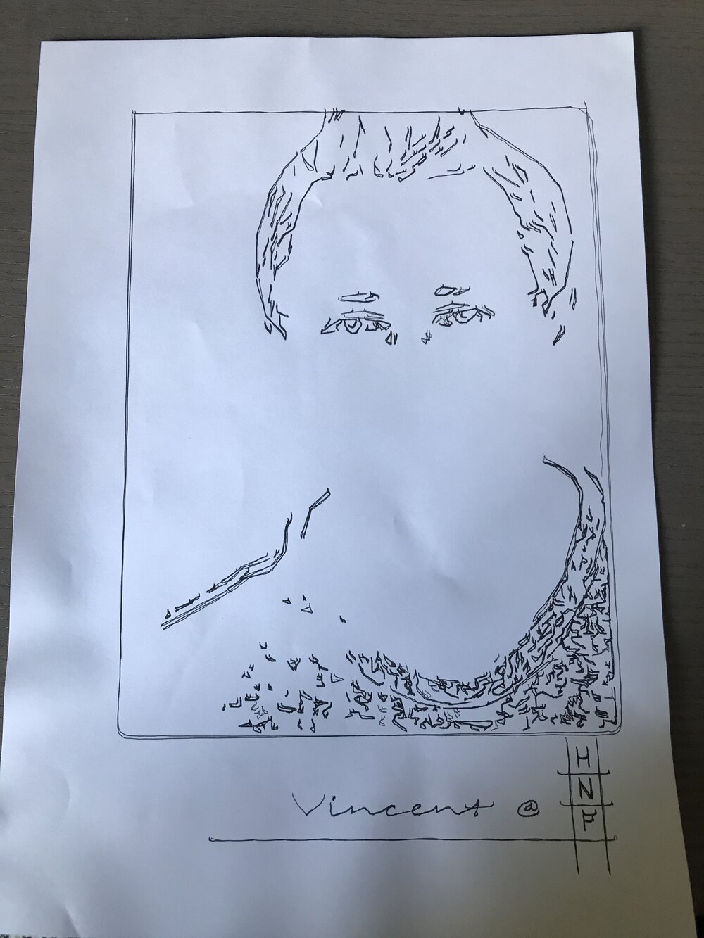 A drawing of Lucas made by Vincent. Lucas has no face because we were wearing masks in the museum (due to the corona virus). - 